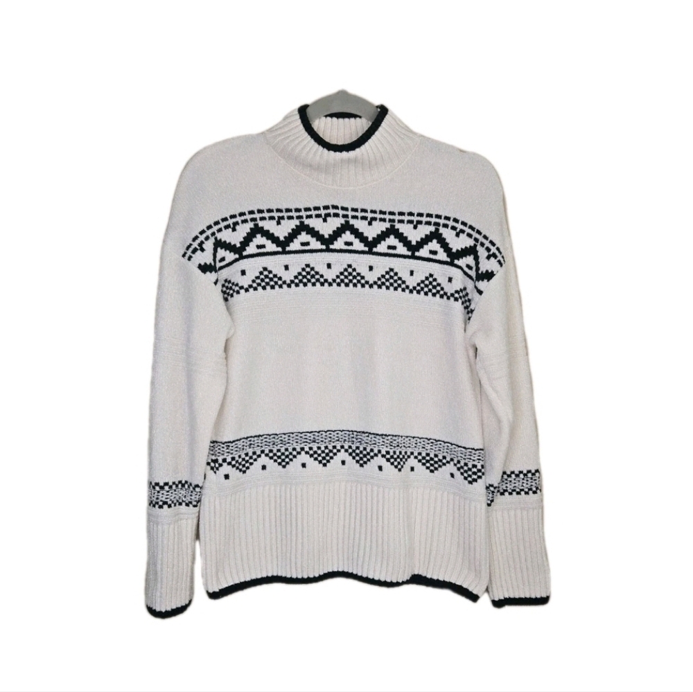Christian Siriano White & Black Fair Isle Chenille Knit Mock Neck Sweater Sz S